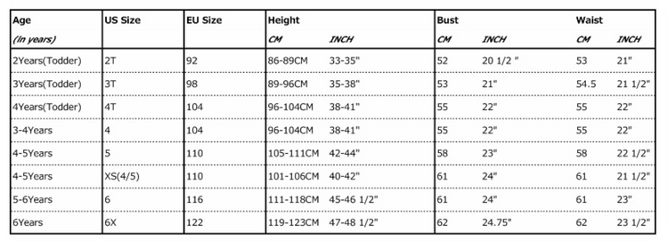 Sizing chart kids 