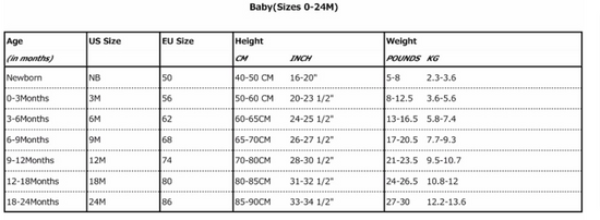 Sizing chart 