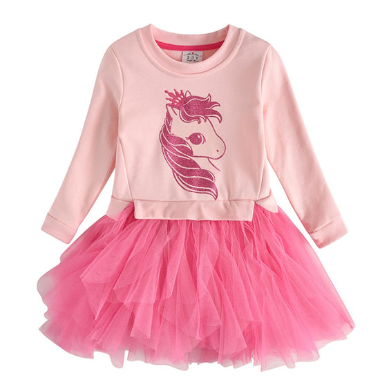 Kids Dress, Toddler Dress, Pink Kids Dress, Special Occasion Kids Dress, Birthday Kids Dress, Tutu Kids Dress, Tulle Kids Dress,  Pink Horse Kids Dress, Long Sleeve Kids Dress, Daycare Dress, School Dress.